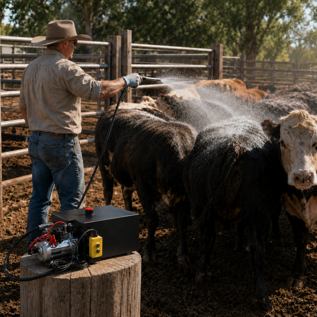 Cattle bunched in a pasture on a hot afternoon